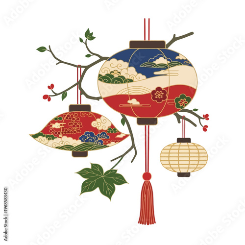 Traditional Asian Lanterns Hanging on Tree Branch with Red Tassel and Leaves