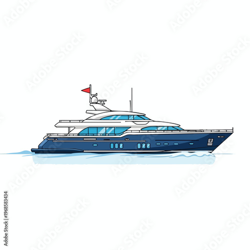 Sleek blue motor yacht with white accents cruises on calm blue water