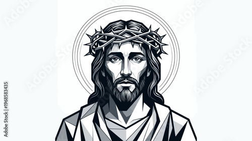 Jesus Christ Portrait with Crown of Thorns Vector Illustration - Minimalist Religious Art for Faith and Worship