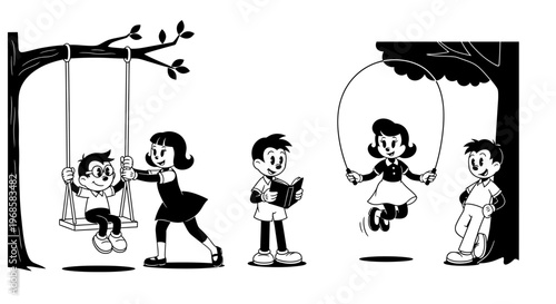Vintage 1930s Rubber Hose Style Cartoon of Children Playing Outdoors in a Park with Swings and Jump Rope
