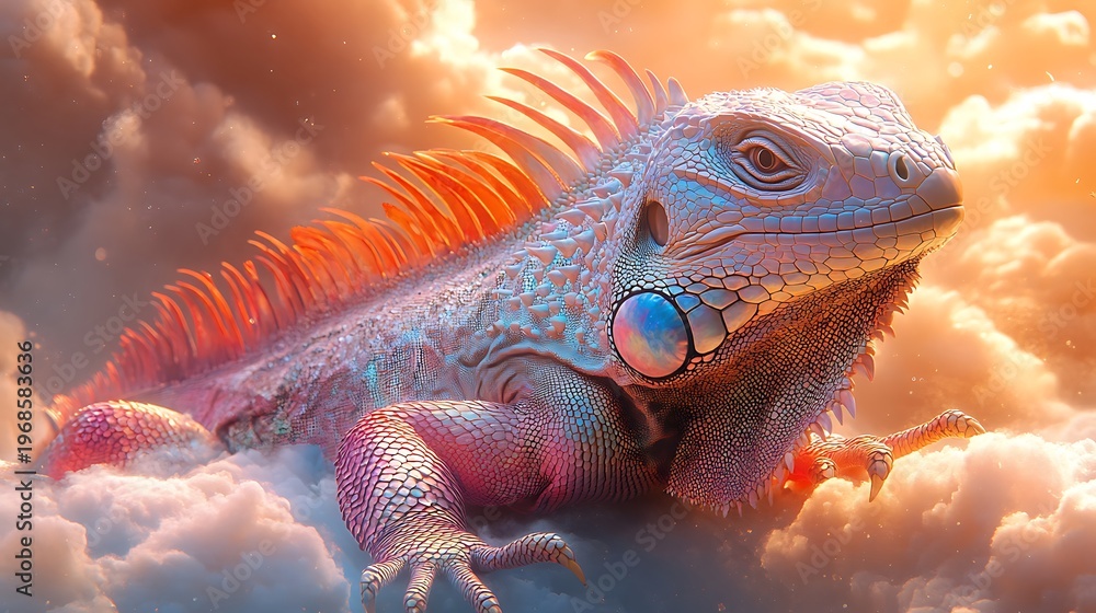 Fototapeta premium Iguana resting in clouds artistic render