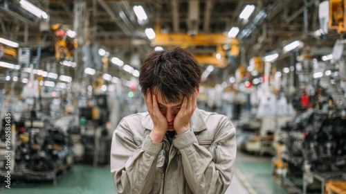 Worker in factory with hands on face showing stress and fatigue, industrial environment with machinery and blurred background in manufacturing plant.