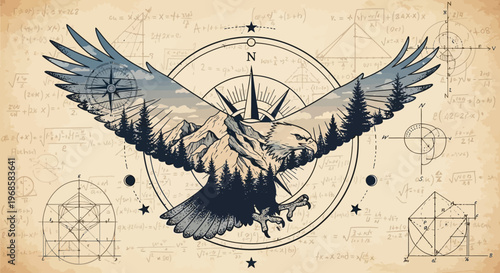 Conceptual Eagle Illustration with Mountain Landscape, Compass Rose, and Mathematical Geometry on Vintage Parchment Background