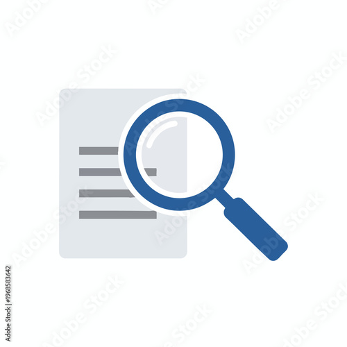 A blue magnifying glass is placed over a grey document with horizontal lines
