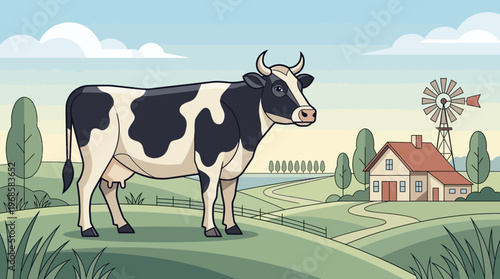 Flat Vector Illustration of a Holstein Cow on a Picturesque Dairy Farm with Farmhouse and Windmill
