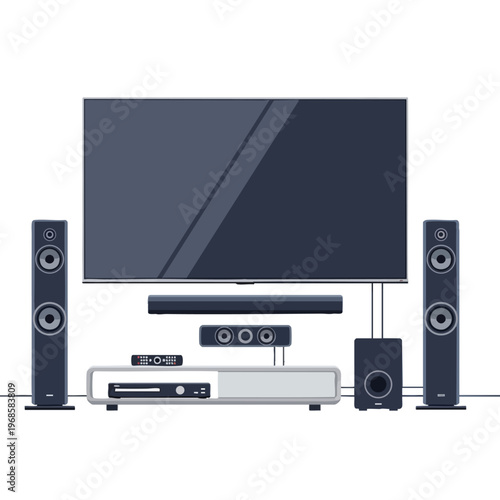 Flat screen TV, surround sound speakers, soundbar, subwoofer, media player, and remote