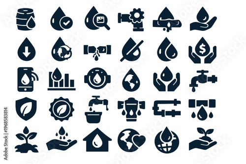 Water and Agriculture Icon Set with Irrigation, Farming and Environmental Sustainability Symbols