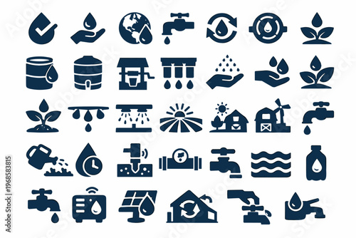 Water and Agriculture Icon Set with Irrigation, Farming and Environmental Sustainability Symbols
