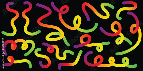 Colorful squiggles and swirls in rainbow hues on dark background  vibrant abstract shapes and lines in red yellow green purple
