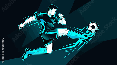 Dynamic Soccer Player Illustration in Neon Blue Style - Energetic Football Athlete Kicking Ball Vector Art