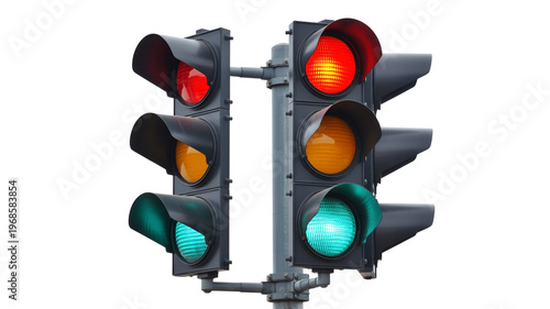 Traffic lights showing red, amber, and green signals simultaneously on both sides isolated on white background