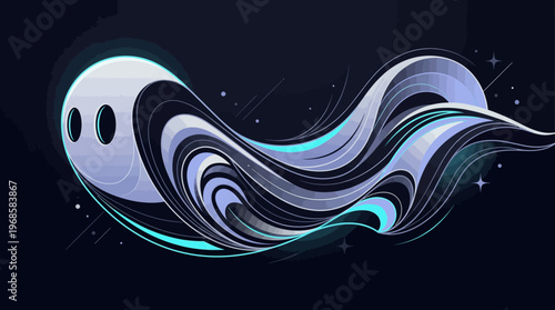 Stylized Ethereal Ghost Illustration with Fluid Glowing Swirls and Magical Cosmic Trails on Dark Background