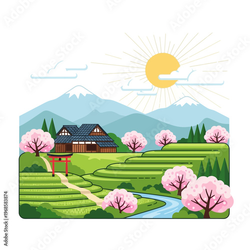 Vibrant Japanese rural landscape with rice terraces, cherry blossoms, traditional house, and torii gate under sunny sky.