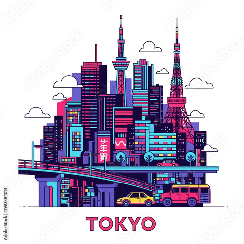 Vibrant Tokyo cityscape illustration with iconic towers, skyscrapers, and vehicles.