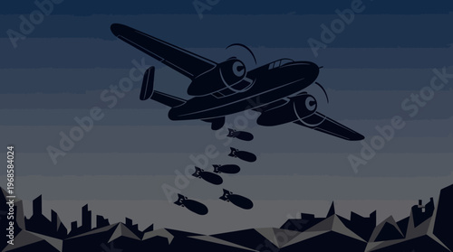 Silhouette of a World War II Era Bomber Dropping Bombs over a Destroyed City Landscape