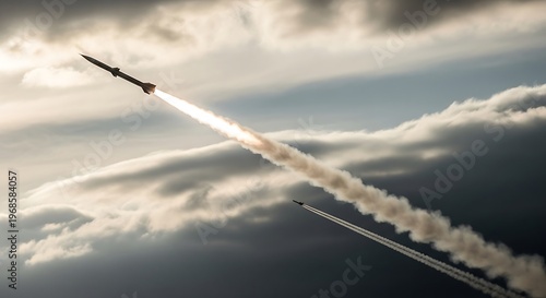 Powerful missile launch streaks through a dramatic cloudy sky, leaving a fiery trail as it ascends into the atmosphere with immense force and speed