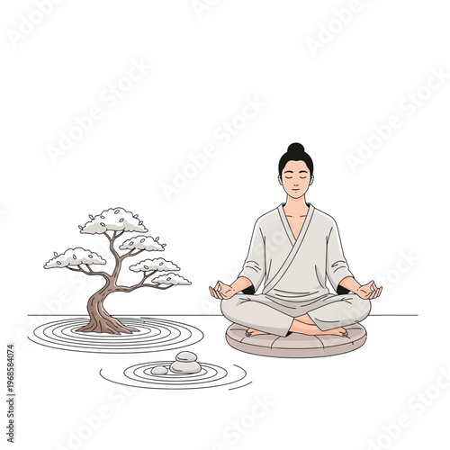 Zen Meditation: Person in Lotus Pose by Japanese Garden with Bonsai Tree and Raked Sand
