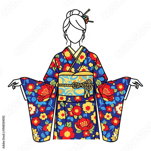 Woman in Colorful Floral Kimono, Traditional Japanese Attire with Flower Pattern