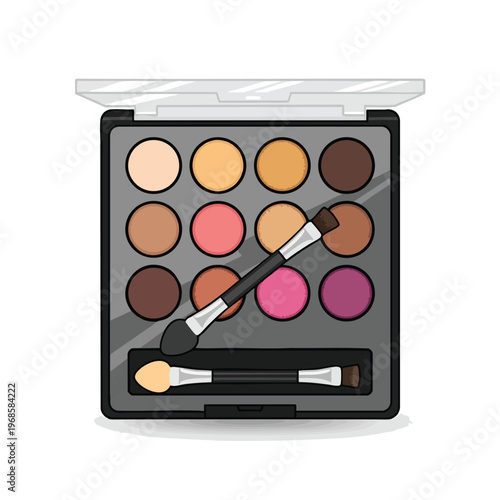 Open makeup palette with 12 assorted eyeshadows and two applicators