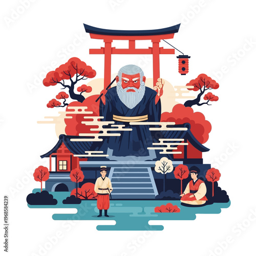 Ancient Japanese Deity and Torii Gate with Traditional Figures
