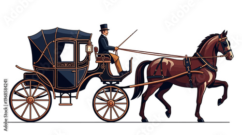 Vintage Horse-Drawn Carriage with Coachman Illustration. Elegant Victorian Era Transportation Design on White Background.