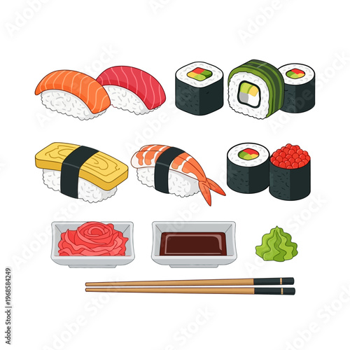 Assortment of Japanese Sushi and Sashimi Dishes with Chopsticks and Condiments