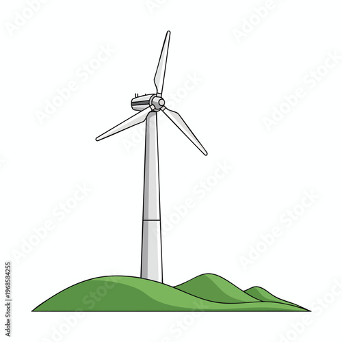 A tall, white wind turbine stands on green, rolling hills