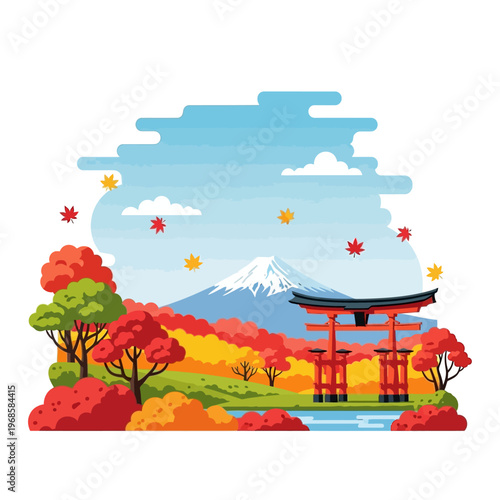 Autumn Scenery Japan: Fuji Mountain, Torii Gate, Colorful Trees, Falling Leaves, Blue Sky