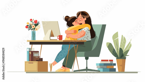 Mother and child hugging while working from home flat illustration
