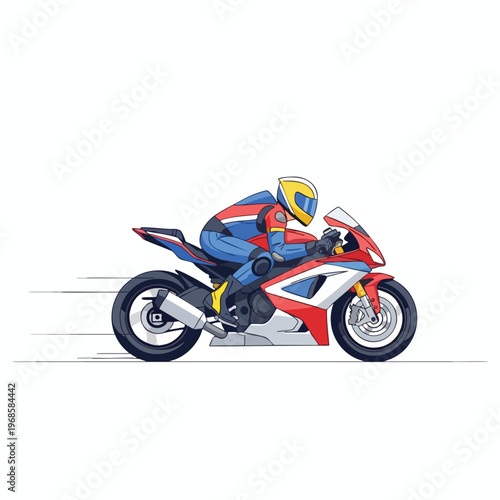 Rider in full gear speeds on a red, white, and blue sport motorcycle
