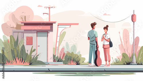 Couple Meeting on Sidewalk with Guitar Case Vector Illustration