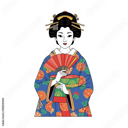Beautiful Geisha Woman in Traditional Blue Kimono Holding Red Fan, Japanese Culture Illustration