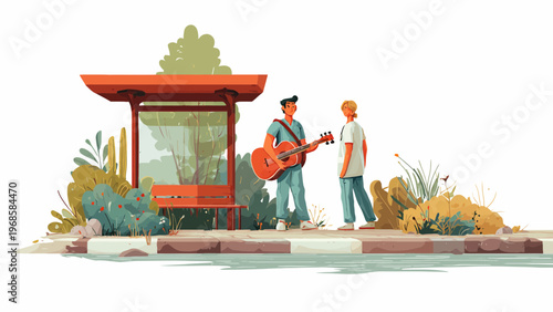 Male Nurse Playing Guitar for Colleague at a Bus Stop Illustration