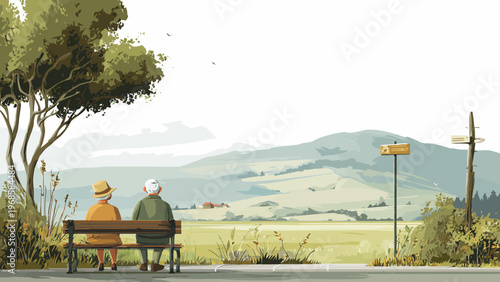 Senior Couple Sitting on a Bench Overlooking Rolling Hills