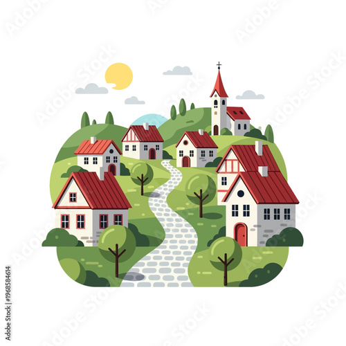 Charming Village Scene with Houses, Church, and Winding Path on Rolling Hills