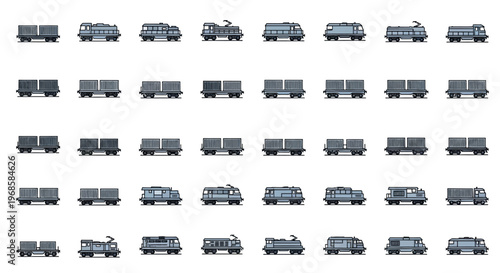 Pixel Art Collection of Train Wagons and Railway Freight Cars on an Isolated White Background