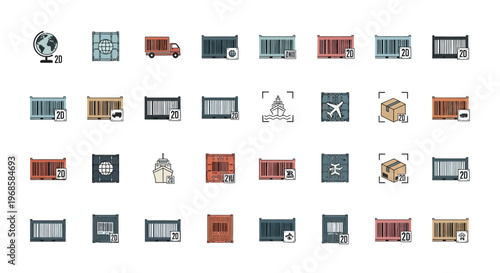 Comprehensive set of logistics and global shipping icons, including containers, trucks, and worldwide symbols, on a grid of muted backgrounds.