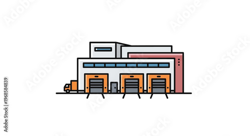 Modern warehouse or distribution center building with loading docks and a truck on an isolated white background, symbolizing logistics and storage.