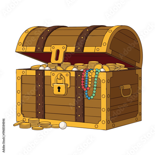 Open wooden treasure chest overflowing with gold coins, pearls, and colorful beads