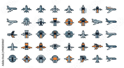 Large set of diverse airplane and drone icons on an isolated white background, representing aviation and aerial transportation.