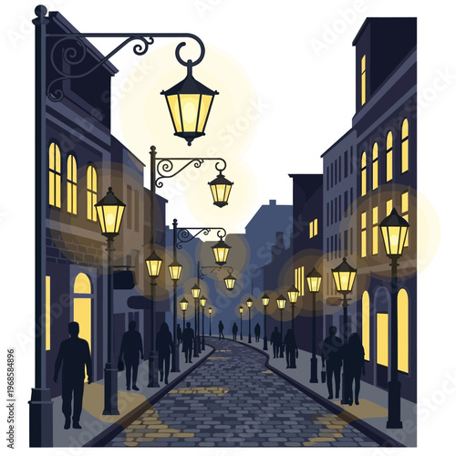 Cobblestone Street with Vintage Lanterns at Night, Cityscape Illustration