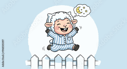 Cute cartoon sheep jumping in pajamas dreaming of moon.
