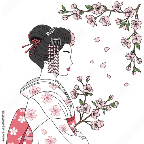 Elegant Geisha with Cherry Blossoms, Traditional Japanese Art, Spring Beauty