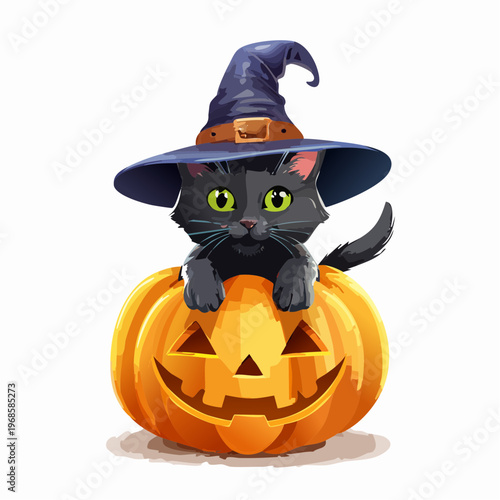 Katze mit Hexenhut auf Kürbis – Halloween Vektor