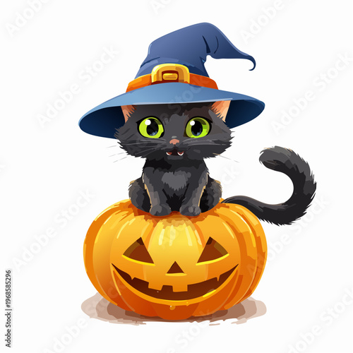 Katze mit Hexenhut auf Kürbis – Halloween Vektor