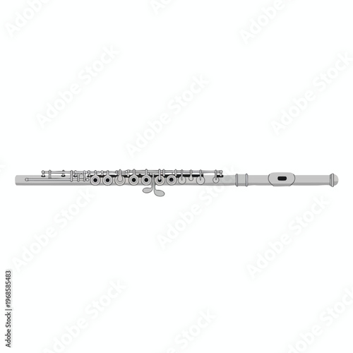 Detailed illustration of a silver flute, with its keys and opening, isolated on a white background