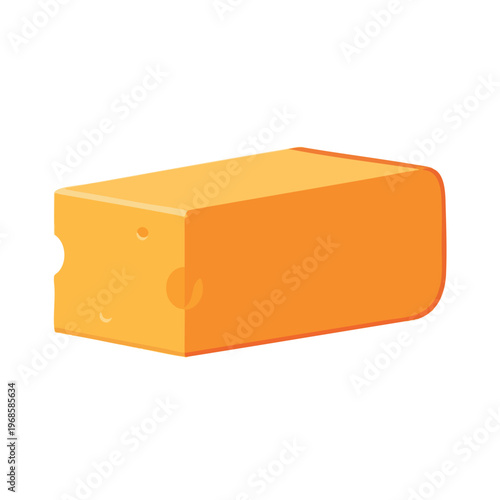 Rectangular block of orange cheese with holes and rounded edges, isolated on white