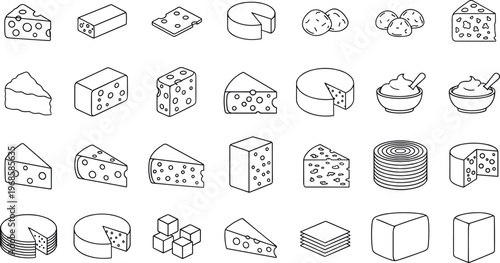 Cheese and dairy line icons set featuring slices blocks wheels cubes and dairy products symbols for food menu cooking and restaurant vector design collection