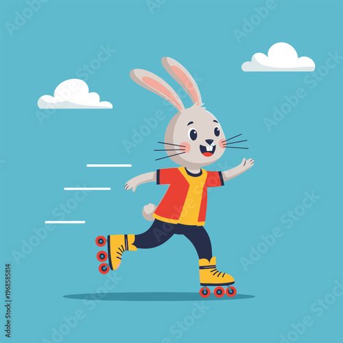 Cute cartoon rabbit character rollerblading with speed lines.
