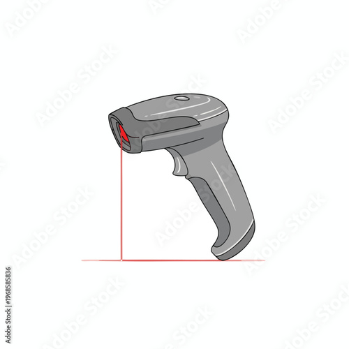 Gray handheld scanner emits red laser, scanning a surface below